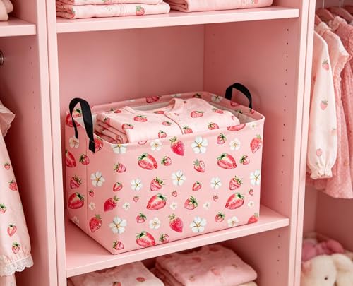Image of Sanjiaofeng Rectangular Strawberry Storage Baskets Baby Girl Basket Kids Baby Storage Basket Waterproof Collapsible Storage Bin Cute Organizer Box Girl Room Decor(Strawberry)