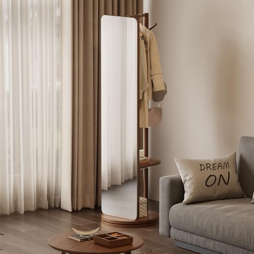Image of WoodsWhisper Full Length Mirror Coat Rack Solid Wood Floor Mirror 66 inchx12 inch Full Length Mirror with Stand Long Mirrors for Bedroom,Living Room (Deep Walnut, 70 inch L x 16 inch W)