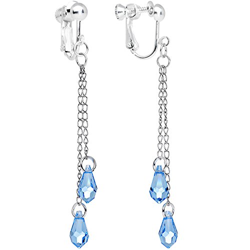 Crystal Chain Clip Earrings in Aqua Droplet Style