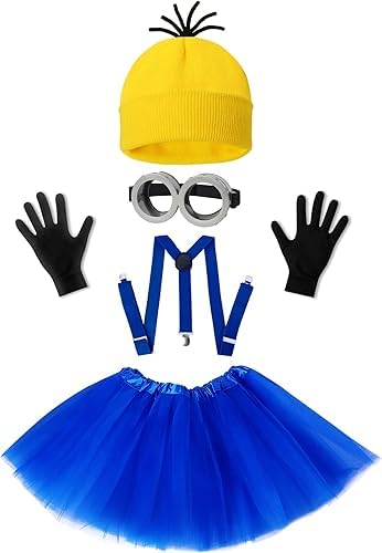 Fartoni Déguisement jaune d'Halloween pour adultes et enfants - 5 accessoires de cosplay : bonnet, lunettes, gants, bretelles - Idéal pour Halloween, carnaval