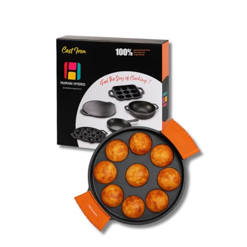 Human Hydro Pre-Seasoned Cast Iron Paniyaram Pan (9-Pit) with Silicone Grips | Naturally Non-Stick, Toxin-Free | Induction & Gas Compatible | Paddu, Appam & Kuzhi Paniyaram Maker