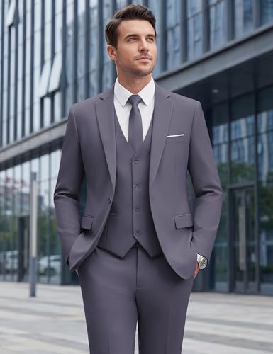 Image of WULFUL Men's Slim Fit Suit One Button 3-Piece Blazer Dress Business Wedding Party Jacket Vest & Pant
