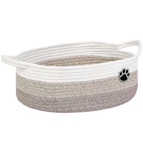 Image of Optish Dog Toy Basket, Toy Box and Bin for Dog Cat Storage, 13.5 inch X 11 inch X 5 inch Small Woven Rope Basket for Baby Storage, Closet, Living Room, White & Brown