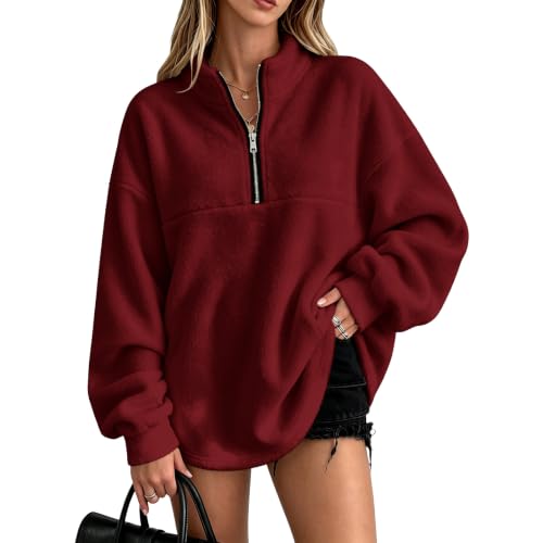 Maroon Womens Half Zip Pullover Quarter Zip Fleece Oversized Sweatshirt - image 1