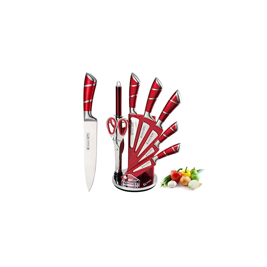 Kitchen Knife Set, 9-Piece Red Kitchen Knife Set with Acrylic Block, Non Stick Sharp High Carbon Stainless Steel Knife Set for Kitchen Cutting Meat Slicing Chopping Kitchen Gifts for Women (Red)