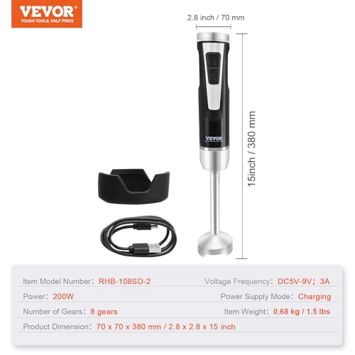 Image of VEVOR Hand Blender, 8 Variable Speeds Immersion Blender, Stainless Steel Handheld Blender Powerful Motor Hand Mixer, USB Charging Cable Multi-purpose Easy Control Grip Stick Mixer