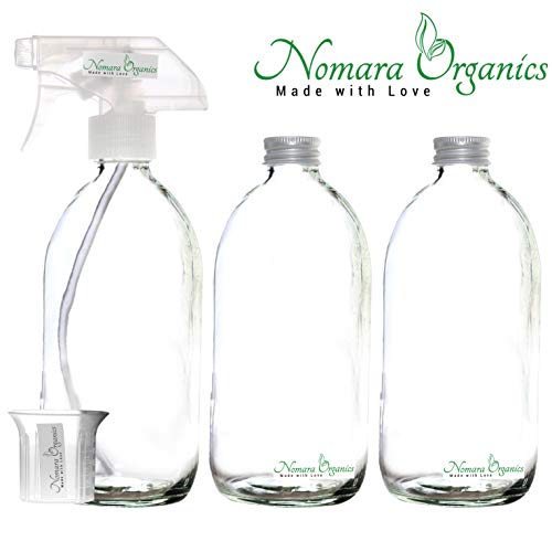 Nomara Organics Clear Glass Spray Bottles 3 x 500ml with fine Spray, Empty, BPA-Free, Reusable, for Cleaning products, Kitchen, Bathroom, Plants