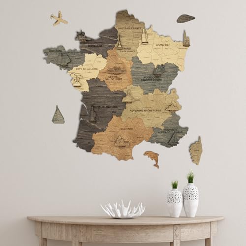 Carte de France en bois 2D avec noms graves, artisanat graphite de qualite