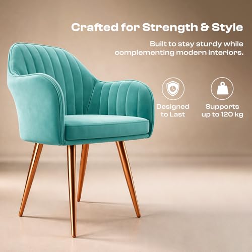 Image of Vergo Plush Velvet Dining Chair, Cushion Seat, Wooden Frame, Metal Legs, Premium Accent Chair for Living Room, Bedroom, Dining Room, Cafe & Restaurant (Set of 4, Turquoise)