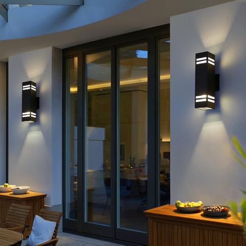 Image of Cerdeco 15 inch Black Modern Outdoor Wall Light with 3-Sided Frosted Glasses | E26 Base,UL listed,Aluminum Up and Down Lights Outdoor Exterior Wall Light Fixture Porch Light for House Garage Patio Garden