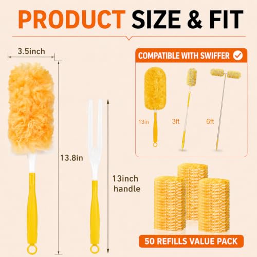 Image of Duster Refill Kit Compatible with Swiffer Duster, 50 Count | Disposable, 360 Heavy Duty Microfiber Refills, Short Handle, Multi-Surface, For Cleaning Furniture Blinds Ceiling Fan