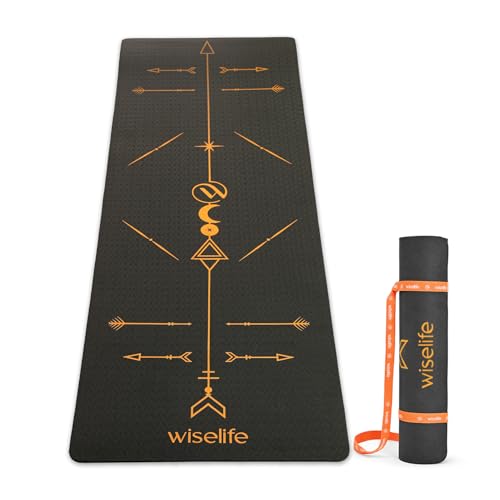 Image of WiseLife Boho Alignment 8mm Yoga Mat with Strap | Non-Slip Thick Exercise Mat for Yoga, Pilates, Gym & Flexibility Training (Black)