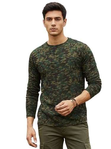 Image of Urbano Fashion Men's Olive Green, Khaki Military Camouflage Printed Slim Fit Full Sleeve Cotton T-Shirt