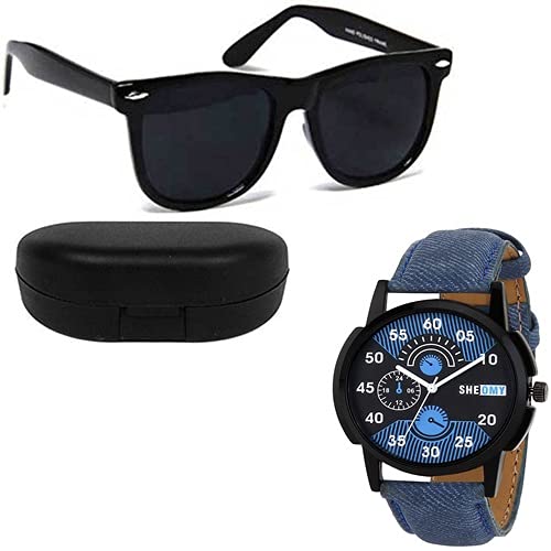 Sheomy Combo Pack of Black Sunglasses and Metal Analogue Quartz Black Dial Blue Jeans Printed Watch for Boys Mens Womens Girls Unisex Aviator and Rectangular Sunglasses Combo OB-GOQE-QYAZ