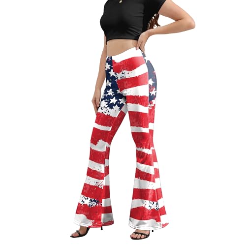 USA Flag Pattern Bell Bottom Pants, Flared Women's Leggings, 4th