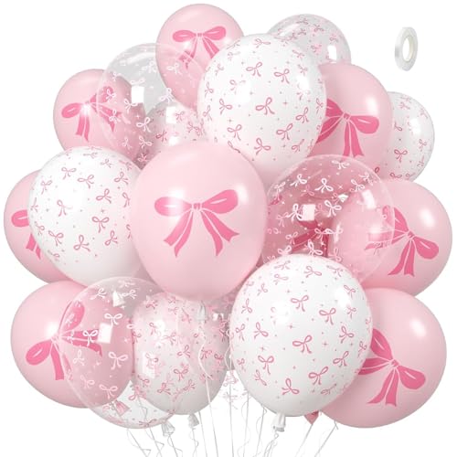 Pink Bow Balloons, 35PCS Light Pastel Pink Clear White Bow Latex Balloon for Girls Women Wedding Bridal Baby Shower Bachelorette Engagement Princess Coquette Birthday Theme Party Decorations Supplies