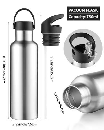 Sivaphe Water Bottle Insulated Bottle Drink Flasks Leak-Proof for Sports Outdoor Stainless Steel Double Walled Vacuum with Lids and Straw 750ml Steel - Image 4