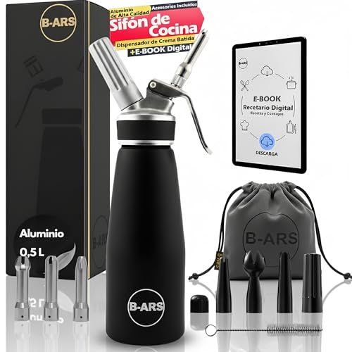B-ARS Sifón De Cocina Profesional Aluminio 500ML Negro con Boquillas Plásticas Y Acero INOX Cepillo Limpieza Bolsa Accesorios Ideal para Espumas Dulces Y Saladas Nata Mousse Fácil De Usar