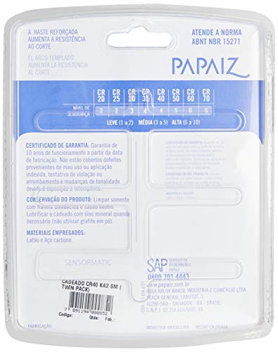 Cadeado Twin Pack, Papaiz, CR40, Latão, 2 Unidades