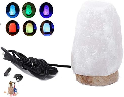 USB Salt Lamp โ 2017 New Design by HijiNa, Natural Himalayan Crystal Salt with Natural HINOKI Wooden Base, Distribute Cypress Aroma, USB Plug with On/Off Switch, LED Bulb (White Salt Hinoki Base)