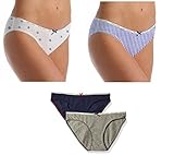 Tommy Hilfiger Classic Cotton Logo Bikini Panty - 4 Pack Assorted (Large, Navy-Gray- Assorted Prints)
