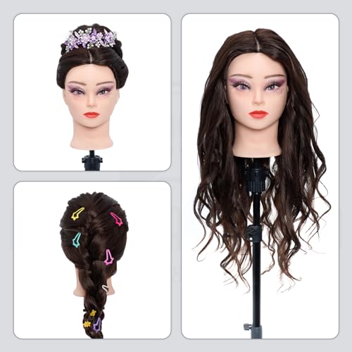 Mannequin Head 60% Human Hair,28 Inch Make up Cosmetology Manikin Practice Doll Head with Hair,Braiding Hairdressing Head for Hair Styling with Table Clamp + DIY Hair Styling Set