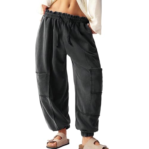 Women's Wide Leg Barrel Pants Casual Drawstring Elastic Sweatpants Baggy Lounge Vacation Beach Pant with Pockets