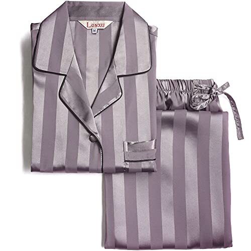 Lonxu Womens Silk Satin Pajamas Set Grey Striped M #TOP3