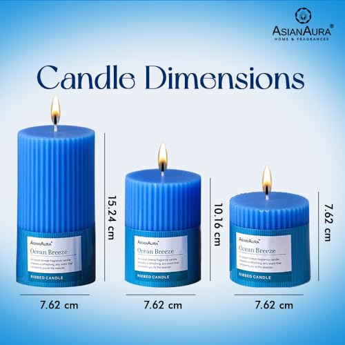 Image of ASIAN AURA Ribbed Pillar Candles - Pack of 3 | Scented Candles for Home Decor, Gifting & Festive Use | Long Burn time up to 36hrs | Clean-Burning Wax & Smokeless Flame (Ocean Breeze)