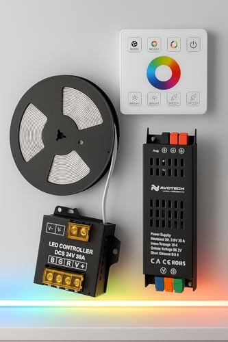 25m RGB COB LED Strip Light Kit Dotless Seamless Colour Changing Tape 576LEDs/m, 24V IP20, 14W/m, 100lm/W, Self-Adhesive, with DC Power Supply & Wall Mounted Wireless Controller Indoor Home Lighting