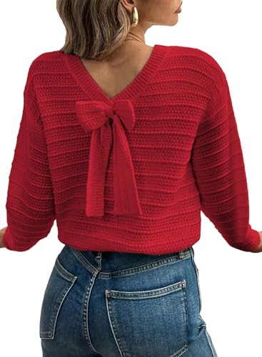 Image of EVALESS Sweaters for Women Long Sleeve Fall Outfits 2026 Back Bow Knot Sweaters Round Neck Solid Knit Pullover Tops