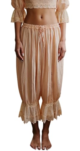 Image of NUFIWI Women Ruffle Long Bloomer Y2k Lace Trim Pettipants Pantaloons Mid Rise Cropped Pajama Pants Under Dress Slips