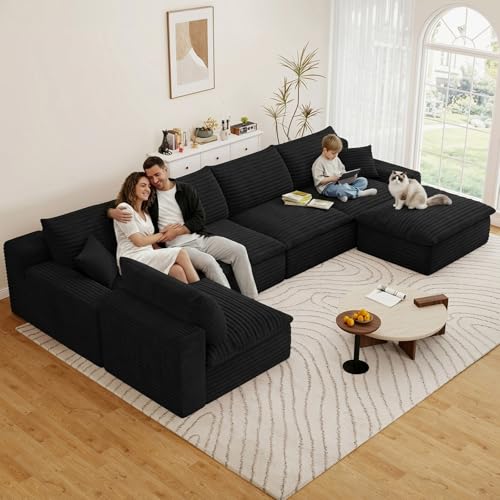 Image of 136 inch Cloud Couch Modular Sectional Sofa for Living Room, U-Shape Boneless Couch with Deep Seat, Modern Corduroy 5-Seater with Ottoman, No Assembly Required, Black