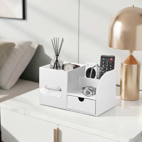 Leather Nightstand Organizer with Tissue Holder,White Square Tissue Box Cover with Organizer, Decorative Modern Facial Paper Storage Box for Bathroom Living Room Vanity Table Countertop Office by YAPISHI - Image 7