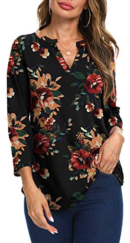 Niloufo – Blusa feminina casual com gola V e manga 3/4 dobrada, Brown Floral Black, X-Large