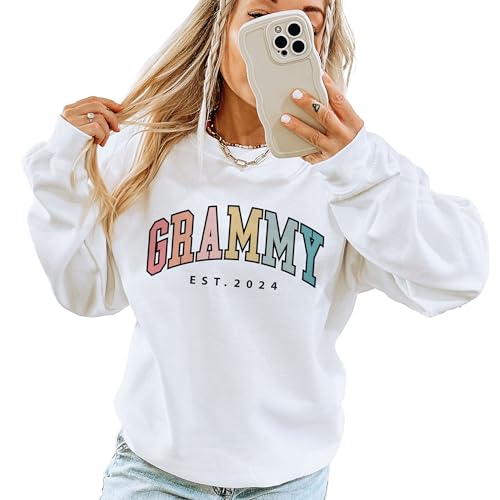 Aurlex Tees Custom Grammy Colorful Sweatshirt, Personalized Gifts For Women, Grammy Est Year Sweater, Mother's Day Shirt, Pregnancy Announcement Gift, Long Sleeve Unisex Crewneck Sweatshirt Sand2