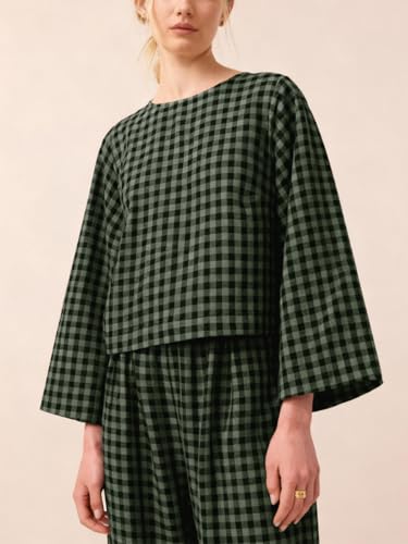 Image of Womens 2 Piece Lounge Sets Cotton Plaid Crop Top High Waisted Baggy Ankle Barrel Pants Gingham Matching Set