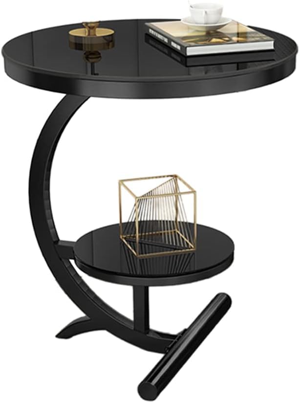 Image of NEST NATURE HAVEN Wood And Metal 2 Tier Round Coffee Table Nightstand Bedside Telephone Table with Storage, End Sofa Side Corner Table for Living Room Bedroom Small Spaces (Black)