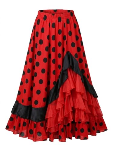 Carnavalife Falda Flamenca Baile sevillanas, Falda de Baile Flamenco, Volantes en Capas diseño asimétrico, Traje Feria, romería, espectáculo (FR/ES, Letras, S, Regular, Regular, Rojo/Lunar Negro)