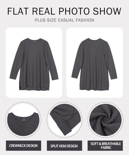 Image of RITERA Plus Size Women Sweaters Waffle Knit Pullover Top Long Sleeve Casual Crewneck Shirt Loose Split Hem Fall Winter Blouse