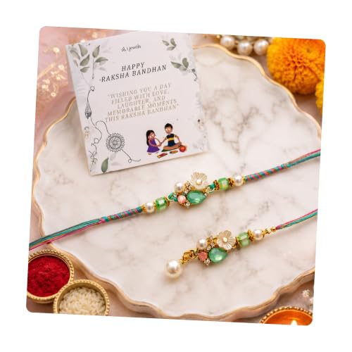 Image of I Jewels Traditional Floral Pearl Bhaiya Bhabhi Rakhi Combo with Lumba Rakhi Roli Chawal & Raksha Bandhan Card for Brother Bhabhi (R508CO)