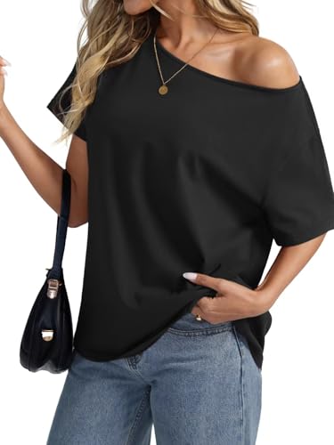 Womens Cotton Off The Shoulder Tops Oversized Short Sleeve T-Shirts Casual Summer Tees Trendy Clothes 20253