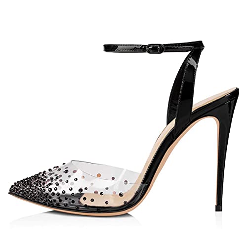 FSJ Women Pencil High Heel Spikes Studded Sandal Slip On D'Orsay Evening Pump Ankle Strap Clear Ballroom Dance Shoe Size 4-15 US2