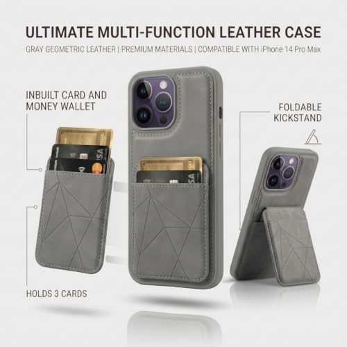 Image of amazon basics Premium Vegan Leather Back Cover with Card Holder and Integrated Mobile Stand for iPhone 14 Pro Max - Slim Shockproof Wallet Case with Geometric Stitching [Gray]