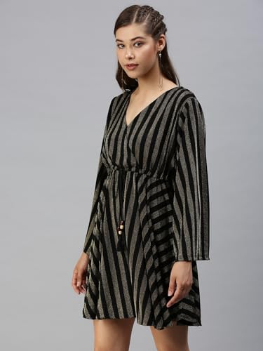 Image of SHOWOFFFF Women Stripe Print Empire Party Dress | V Neck Full Sleeves Lycra Dress for Womens | Above Knee Dress for Women's