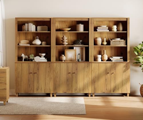 Image of WAMPAT 71 inch Tall Bookcase with Doors & Storage Cabinet, 3 Column Modern 5-Tier Bookshelf with Adjustable Shelf, 106 inch Wide Wooden Display Book Shelf for Home Office, Living Room, Bedroom, Oak Brown