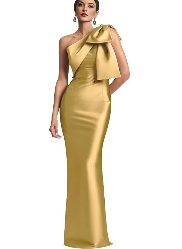 Image of One Shoulder Bridesmaid Dresses with Bow Long Mermaid Satin Back Slit Mother of The Bride Dresses PM004