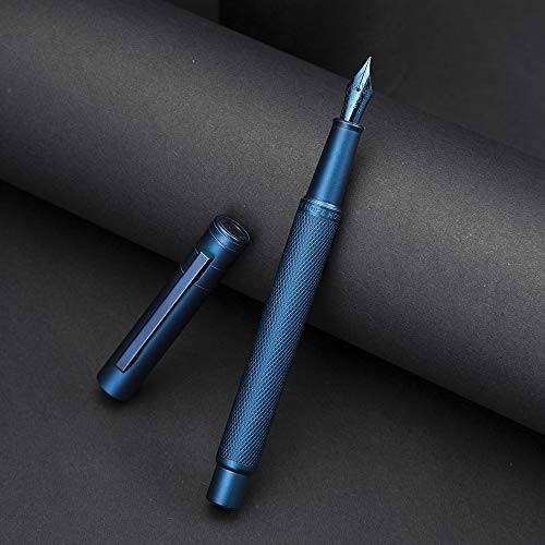 Image of Dark Blue Forest Fountain Pen Extra Fine Nib Classic Design with Converter and Metal Pen Case Set by Asvine