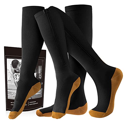 Image of cerpite Zipper Compression Socks, 2 Pairs 15-20 mmHg Closed Toe Compression Stockings for Men Women