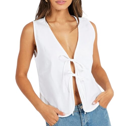 Tsultryofs Women's Vintage Bow Tie Front Vest Sleeveless Deep V Neck Tank Tops Y2K Summer Streetwear